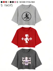 Youthful Cute Women's Short Crop Top 3-Piece Set, Loose Fit Mid-Sleeve Design, Casual & Trendy, Gym Barbell Pattern, Multicultural Girl Image