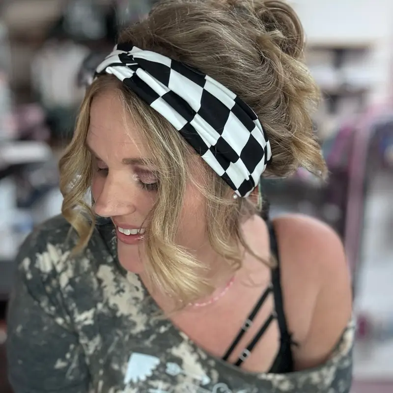 Buttery Soft Black And White Checker Front Knot Headband | Stretchy Legging Material Hair Band