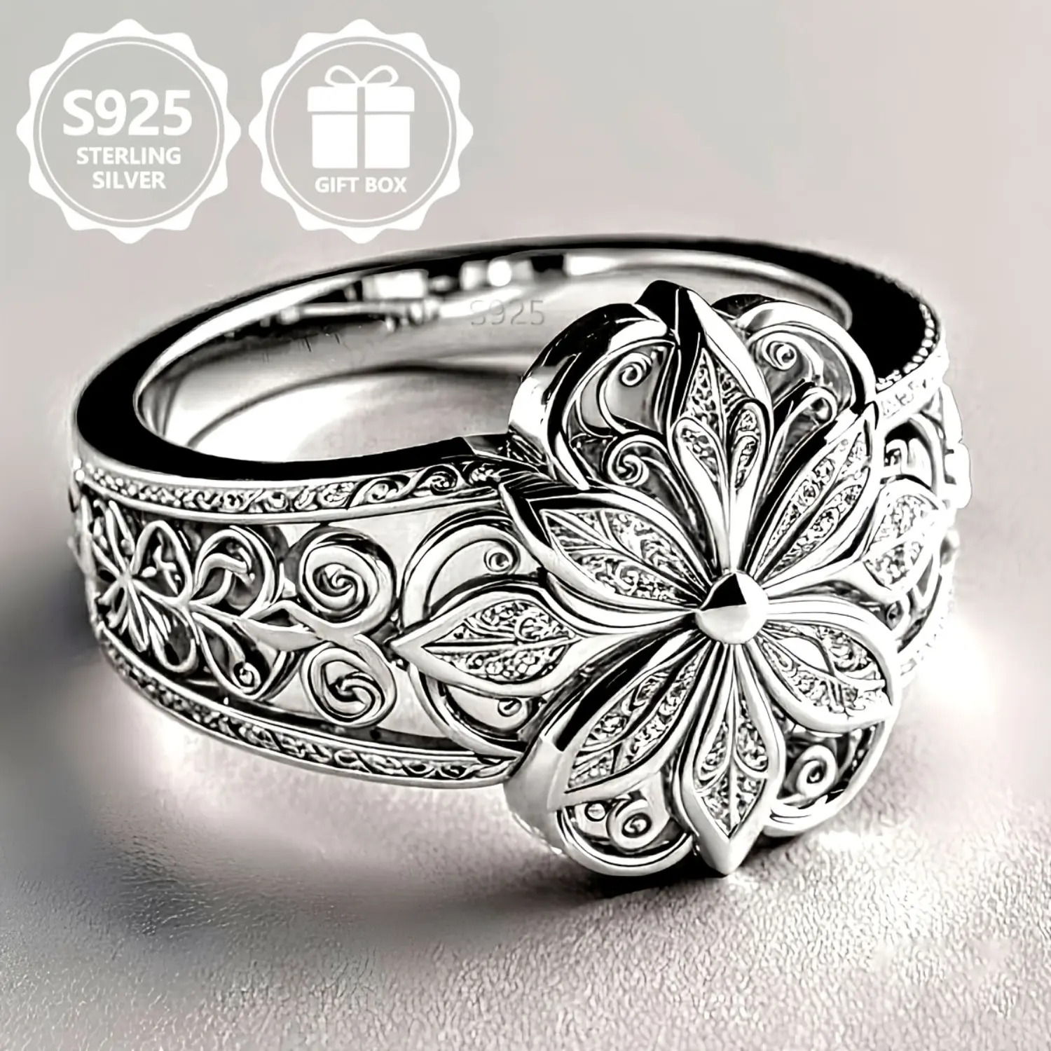 Middle Eastern style vintage engraved ring, suitable for both men and women, featuring exquisite hollow-out design and silver floral engravings, is a high-quality ring symbolizing elegance and nobility, perfect for daily wear and as a holiday gift earring
