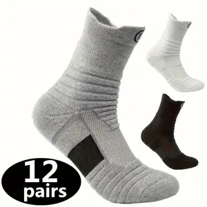 Ultra-Thick Polyester Mid Calf Sports Socks - 12 Pairs, Non-Slip, Breathable, Shock-Absorption, Solid Color, Unisex for Men and Women