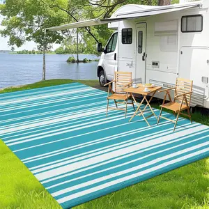 9x12 Outdoor Patio Rug - Stain-Resistant Reversible Camping Mat, Modern Striped Plastic Straw Rug, Waterproof for RV, Porch, Deck, Light Blue
