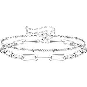 CASSIECA 2pc Silver Clasp 3mm Paperclip Chain Bracelets 18K White Gold Plated Solid Diamond-Cut Paperclip Chain Women Bracelet Adjustable Layered Bracelets for Women