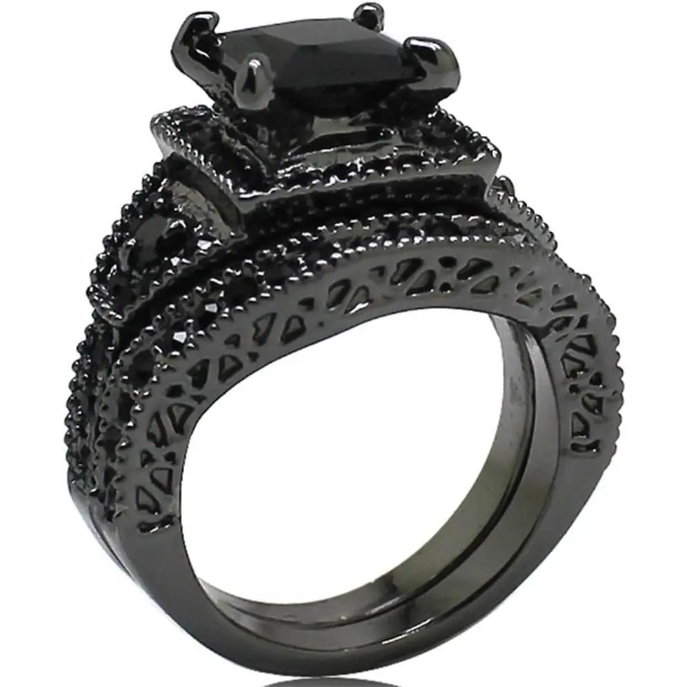 Black Rhodium Plated Princess Cut Rings for Women, 2-Piece Halo Bridal Set on Brass with AAA Cubic Zirconia for Wedding Engagement, Never Rust Or Lose Color