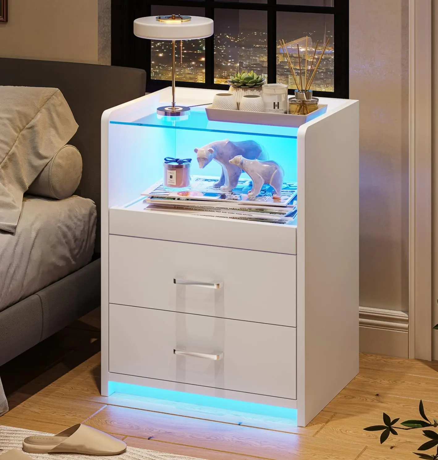 VIAGDO White Nightstand with Charging Station and LED Lights, 2 Drawers LED Night Stand with Tempered Glass Tabletop, Modern End Side Tables with Pull-Out Tray, Open Storage Bedside Tables,dorm essentials,home decor