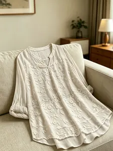 Plus size women's fashionable versatile solid color loose Casual Drop Shoulder A-line mid-sleeve V-neck top Blouse, suitable for summer, vacation, daily street wear, and casual occasions