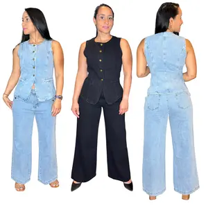Premium 2-Piece Rigid Denim Set - Structured Vest & Wide Leg Jeans - Authentic Jean Outfit Cotton Fabric Pants Women Womenswear Baggy Black Elegance Light Medium Blue Button Clothes Oversized Button Clothes Jumpsuit Top Zipper