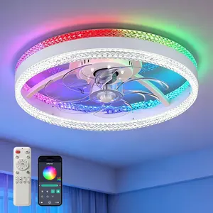 DEMILARE 19.7" RGB Ambient Ceiling Fan with Light and Remote, Modern LED Dimmable Flush Mount Smart Fan, App Control, 6 Speed Reversible Motor, Low Profile Fan Lights for Gaming Room Decor, Bedroom, Living Room, Kitchen, Quiet Home Office Vibe