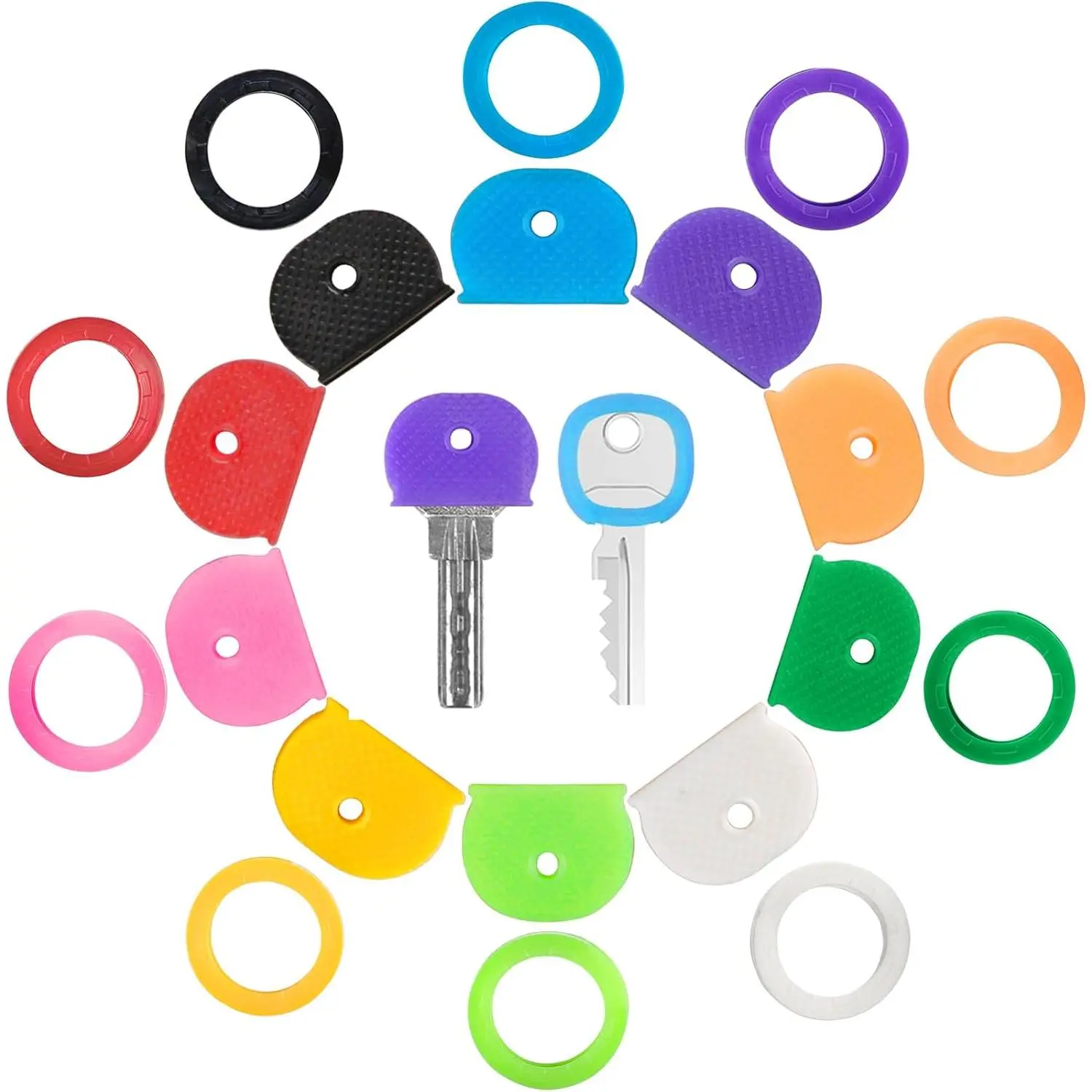 20 Pack Key Color Caps Covers Tags, Soft Rubber Key Identifiers, Plastic Key Toppers for Standard Flat Organization House Key (Not Suitable for Odd-Shaped ), 10 Colors, 2 Styles