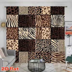 2D Flat 2Pcs Wild Animal Print Patchwork Curtains, Leopard & Zebra Patterns, Pole Pocket Style, Semi-Sunshade Polyester Fiber, Suitable for Home Living Room Bedroom Balcony Kitchen Study Window Decoration, Christmas Gift, Anti Pr