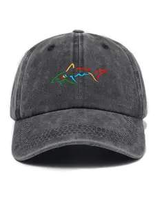 New Vintage Washed Cartoon Shark Print Soft Top Baseball Cap, Unisex Fitted Hat for All Seasons, Casual Animal Pattern Design