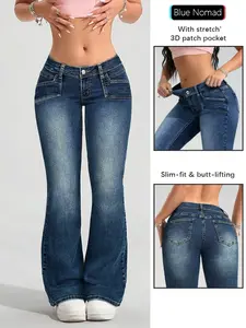 Women's High Waist Slim Fit Denim Bell Bottom Pants, Fashionable Comfortable Design, Casual Wear for All Seasons, Plain Pattern, Bootcut Jeans