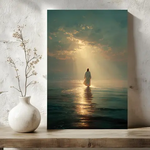 Jesus Walking on Water Christian Canvas Painting Poster - Unframed/Biblical Themed Prints, Divine Light Scripture-Art Inspired Prints, 20x30in(50x76cm)/24"x36" Ready-to-Hang Home Decor for Wardrobe, Faith-Focused Gift