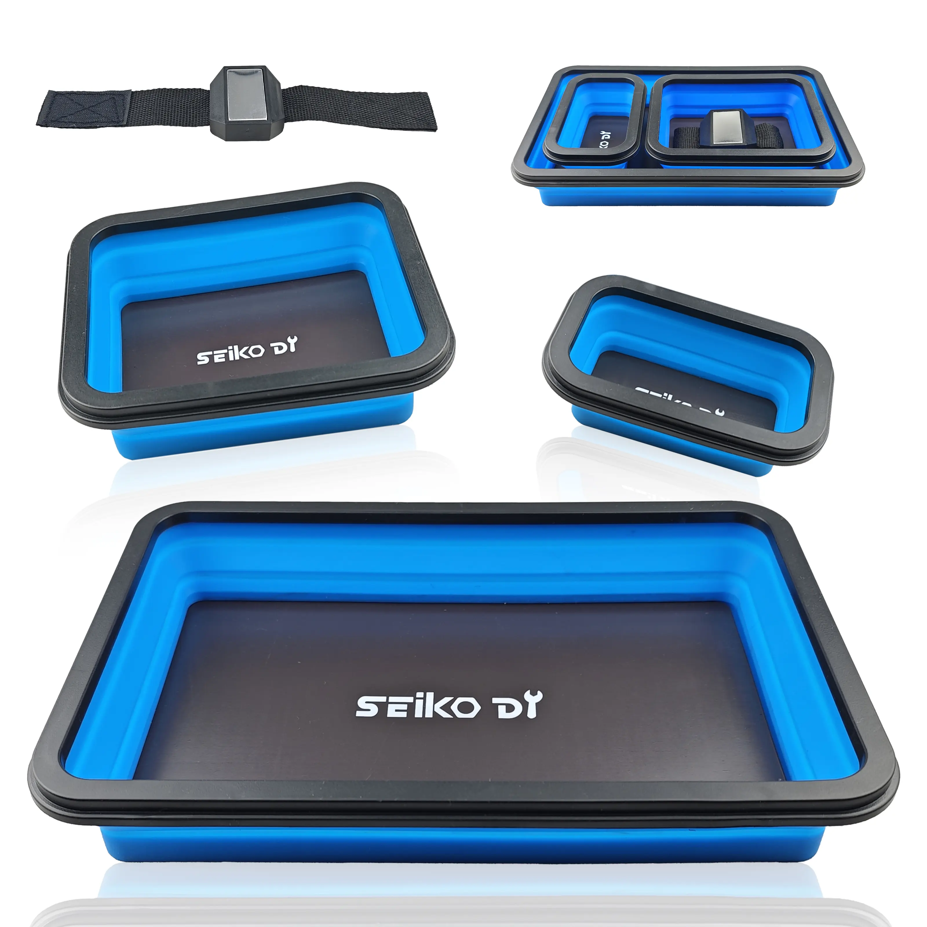4PC Collapsible Magnetic Parts Tray Set - 3 Sizes for Screws Bolts Nuts Washers Pins with Magnetic Wrist Strap for Mechanics Tool Gifts for Men Blue
