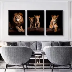 Three-Piece Frameless Dark Canvas Art Poster Featuring Lion Family, African Animal Wall Mural, Living Room Decorative Canvas Painting, Modern Home Decor