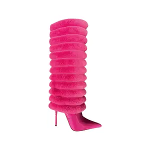 Fall In Love Faux Fur Boot - Stylish 4 Inch Heel Dress Boot for Women, Pink Faux Leather, Pointed Toe, Slip-On Design, Elegant Knee High Walking Shoes