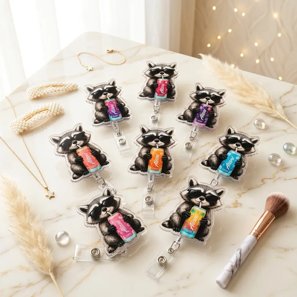 Funny Raccoon Drink Badge Reel Collection, Coffee Soda Energy Retractable ID Holder, Cute Acrylic Trash Panda Name Tag Clip, Gift