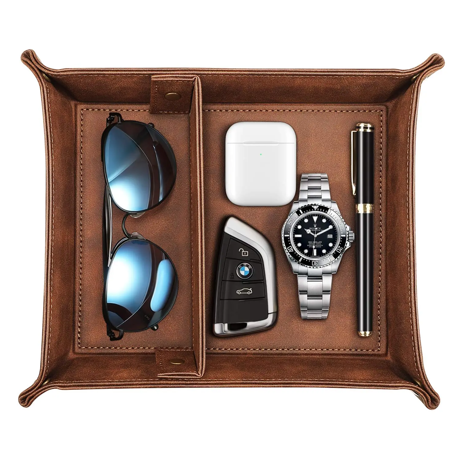 Valet Tray Desktop Storage Organizer 2 Compartments, Tray Nightstand Organizer Box for Men and Women, OCD-Friendly Organizer, Xmas Gift Idea (Brown)