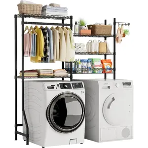 Over Washer and Dryer Shelves,Heavy Duty Laundry Room Storage Organization Clothes Drying Rack,5 Tier Adjustable Height Wire Shelving and Wire Basket with Hanger Rod&Hook,Space Saving Shelf Installation Light Wall Hangable