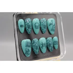 Wicked Creatures Almond Halloween Nail Set Teal Glittery Turquoise Designs for Spooky Fun Style