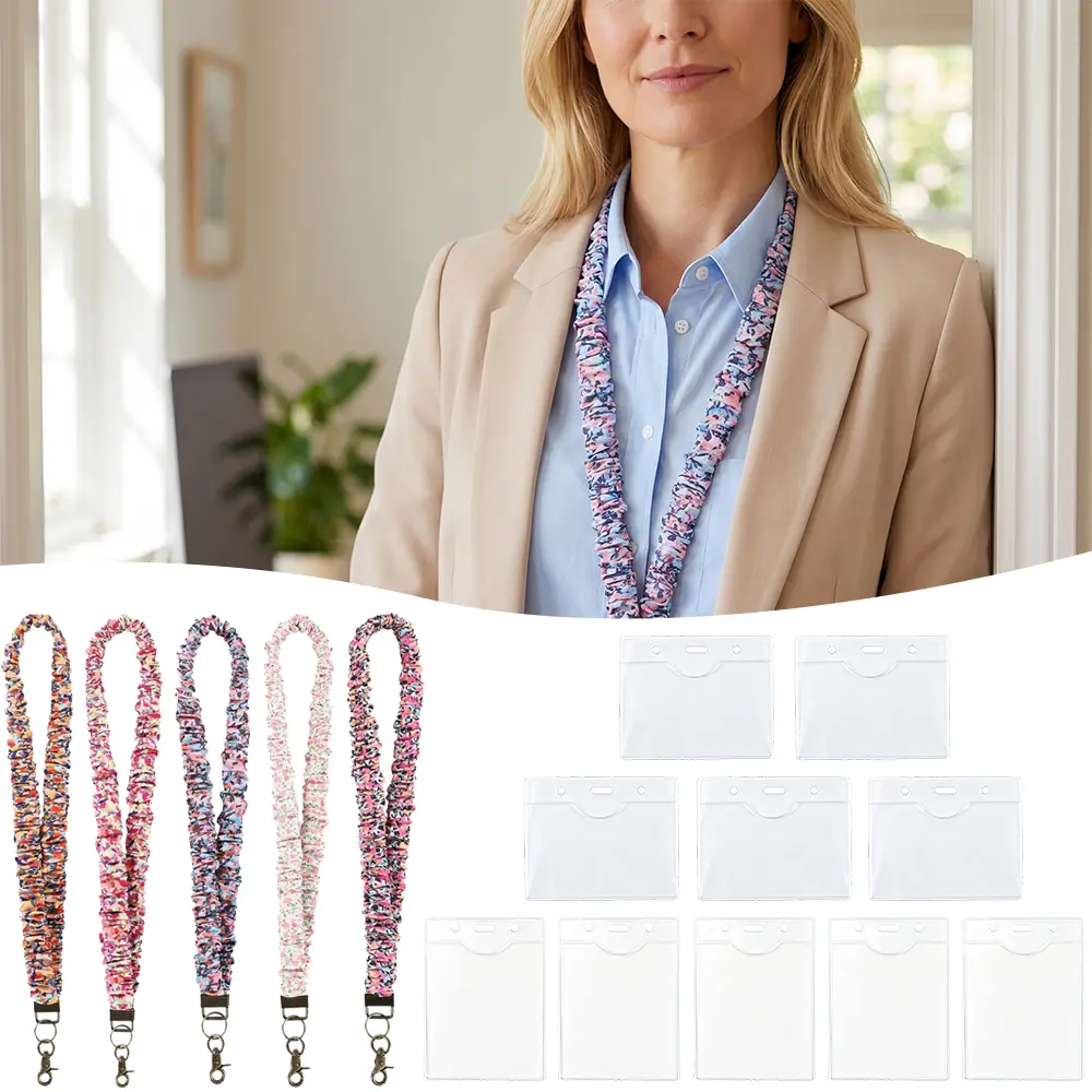 Polyester Teacher Scrunchie Lanyards - 5 Elastic Hanging Ropes, 10 Waterproof ID Card Sleeves (115x70mm), 47cm Retractable Neck Design, ID Card Holder, DIY Beading Jewelry Supplies, Great Gift for Teachers