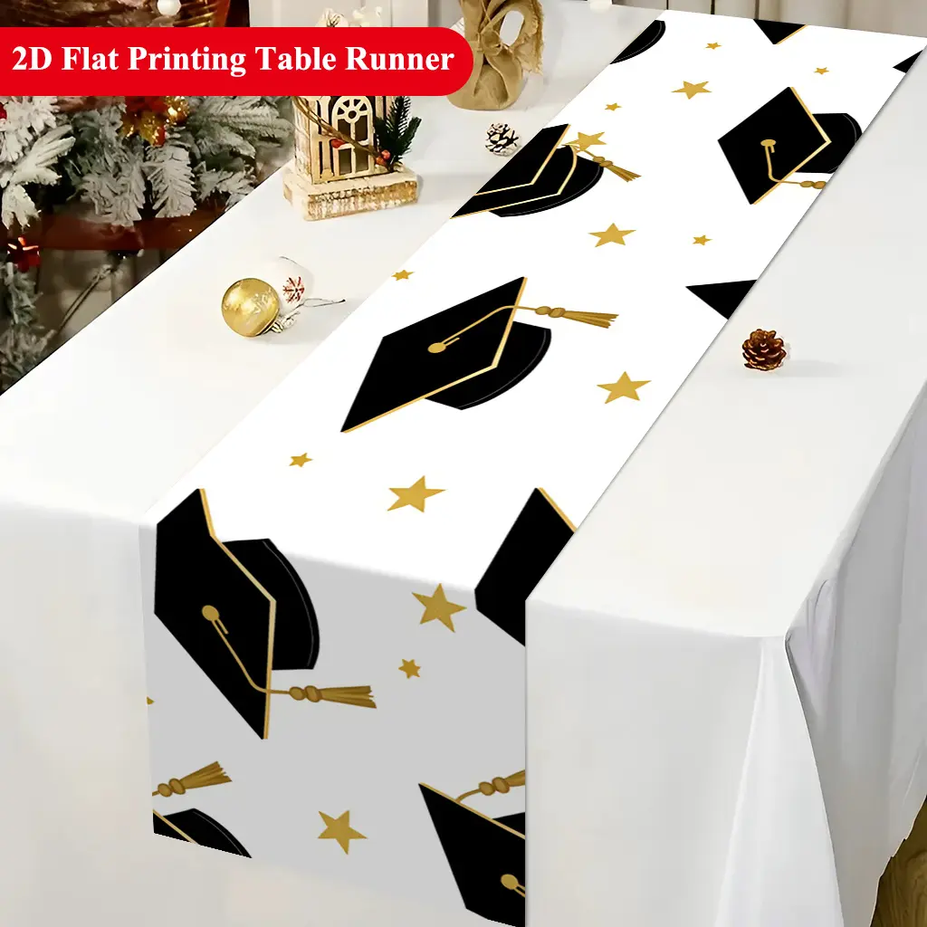 PAUSEBOLL Table Runner Graduation Caps And Golden Stars Polyester Table Runner, Holiday Season Party Table Cover, Holiday Desktop Decoration Fabric Table Runner, Home Decoration, Dining Table Decor, Gift