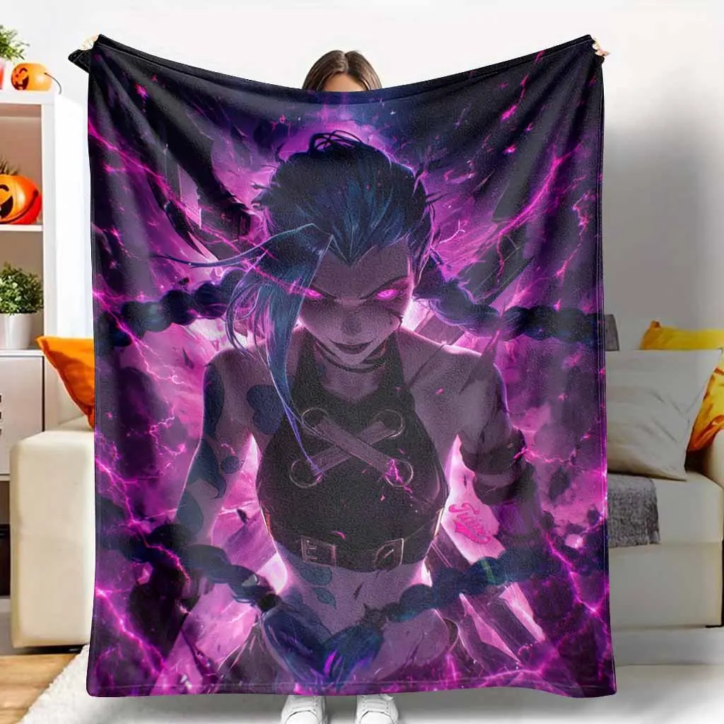Jinx Anime Character Flannel Blanket with Dark Cyberpunk Energy Pattern - Soft Plush, Warm, Durable, Lightweight, Breathable Throw, Ideal for Gaming Room Decor, Living Room Couch, Unique Festival Gift for Fans