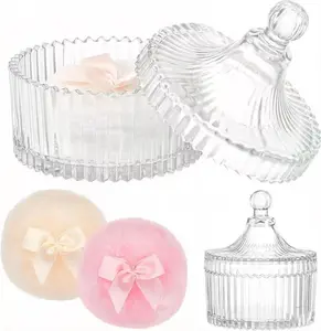 Ultra Soft Powder Puff & Glass Container Set, 3.54" HD Velvet Puff, Washable Reusable. Women's Luxury Face & Body Powder Puff for Makeup & Baby Powder. Elegant glass jar stores jewelry, candy, watches & more, ideal gift for ladies.