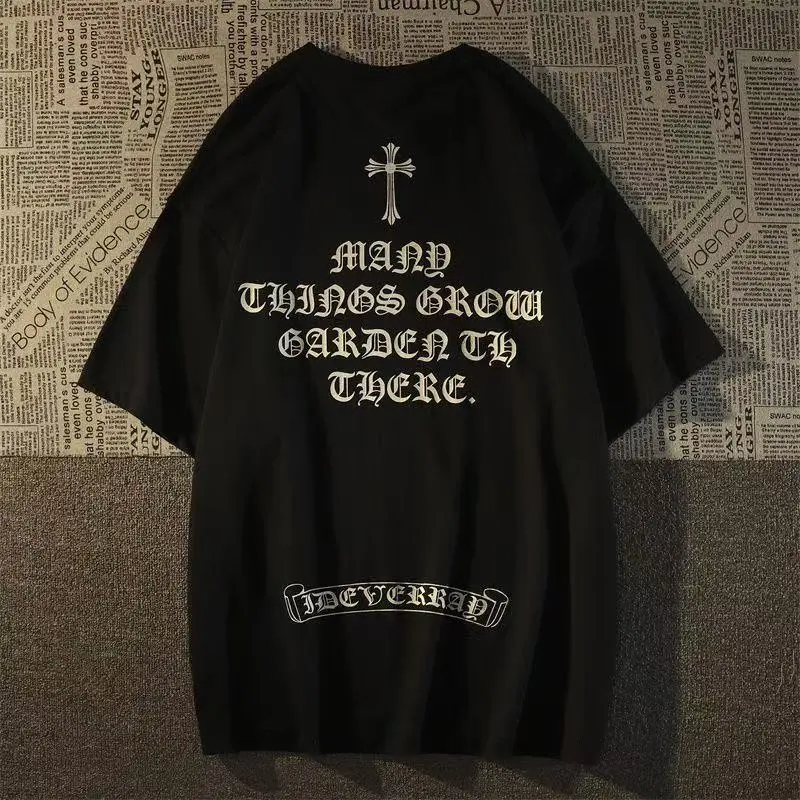 Men's Vintage Gothic Cross Embroidered Oversized 100% Cotton Short-Sleeve T-Shirt, Loose-Fit Streetwear Casual Top with Old English Lettering