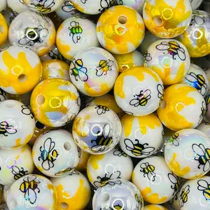 Bumble Bee Honey Drip Print UV AB 16mm Chunky Acrylic Bead Set of 5