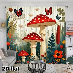 2D Flat 2Pcs Mushroom Butterfly Floral Curtains, Botanical Forest Theme Window Drapes, Rod Pocket Design, Semi Sheer Polyester Fabric, Nature Inspired Decor for Living Room Bedroom Kitchen, Easy Care Washable Divider, Garden Home