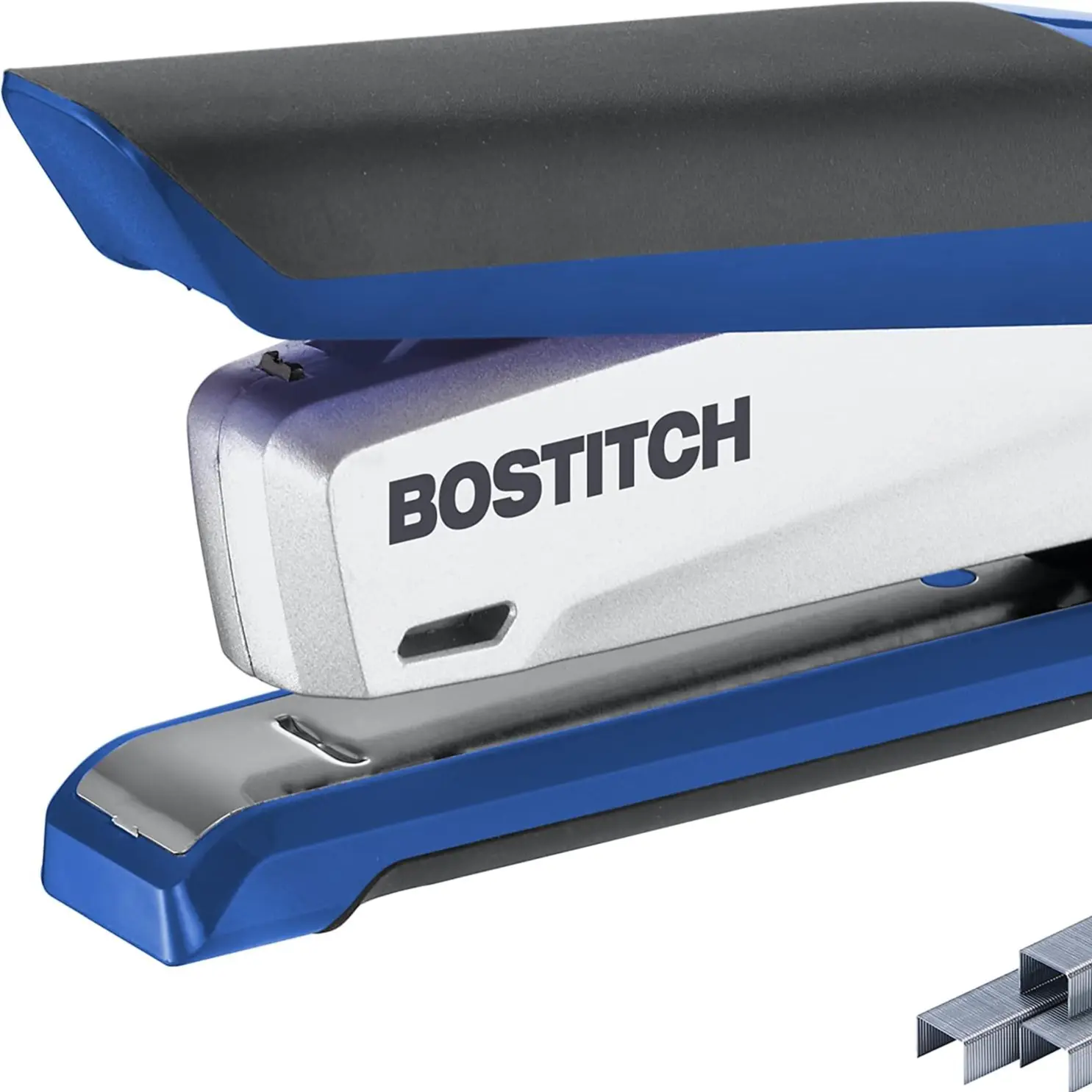 Office InPower Spring-Powered Premium Desktop Stapler , One Finger, No Effort, Blue/Silver