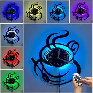Time Coffee Cup Wall Clock with Movement & Seven Color LED, Glass Cup Shape, Vintage Irregular Design, Decorative Timepiece, Led Wall Clocks