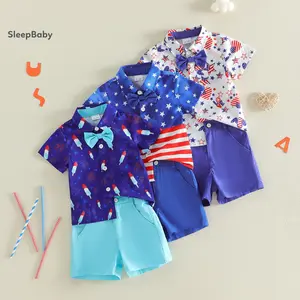 2Pcs Toddler Boys 4th of July Outfits Ice Cream Star Stripe Print Bowtie Short Sleeve Shirts and Solid Color Shorts Toddler Boys Formal Romper with Lapel Clothes Set
