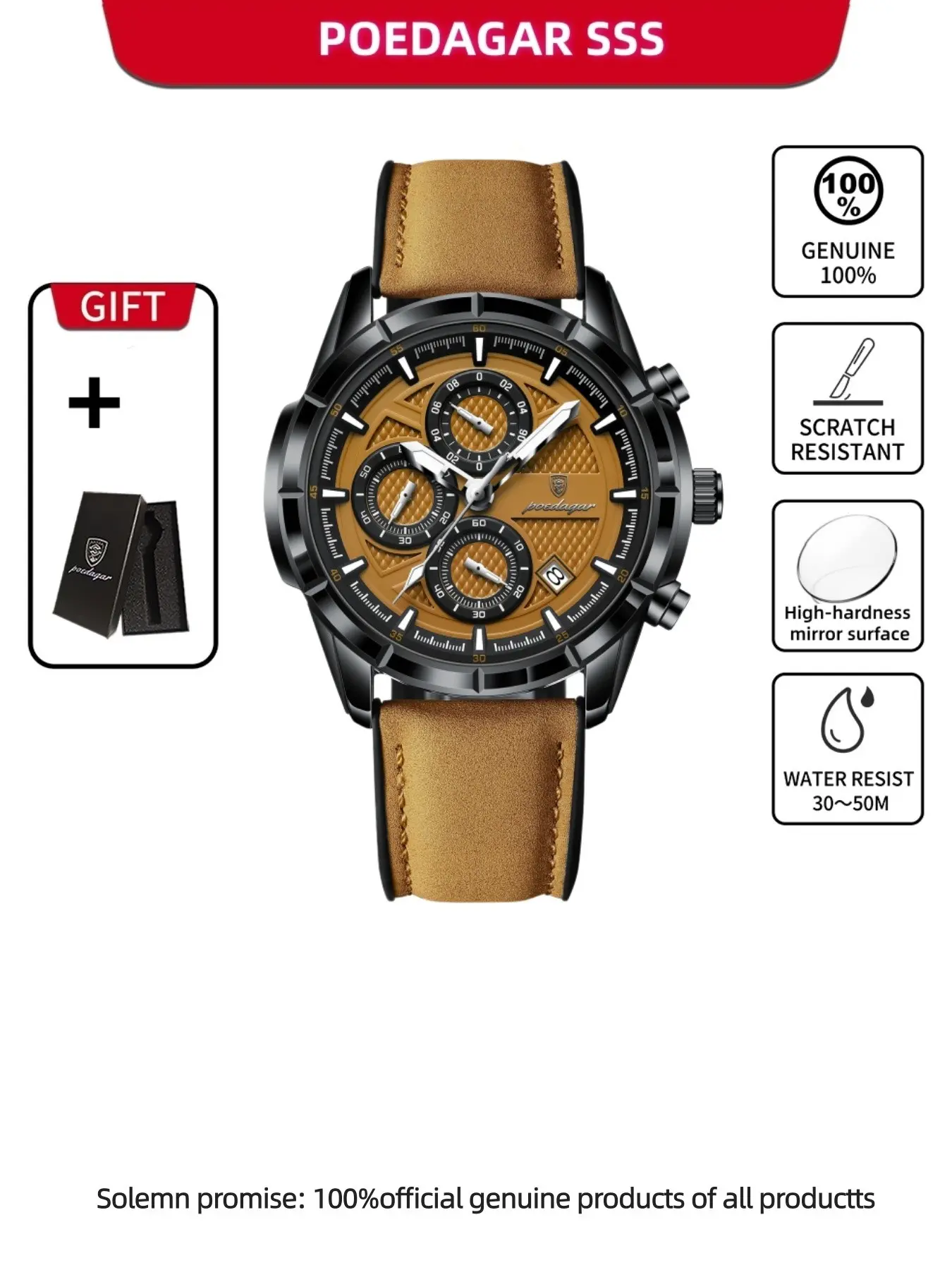 POEDAGAR Luxury Top Men Wristwatch Quartz Original Leather Men's Watches Date Chronograph Waterproof Luminous Man Watch Male+Box
