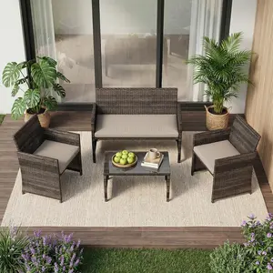 4-Piece Patio Furniture Set, PE Rattan Outdoor Conversation Set with Cushions & Tempered Glass Table, All-Weather Wicker Patio Table and Chairs Set for Patio, Porch, Backyard
