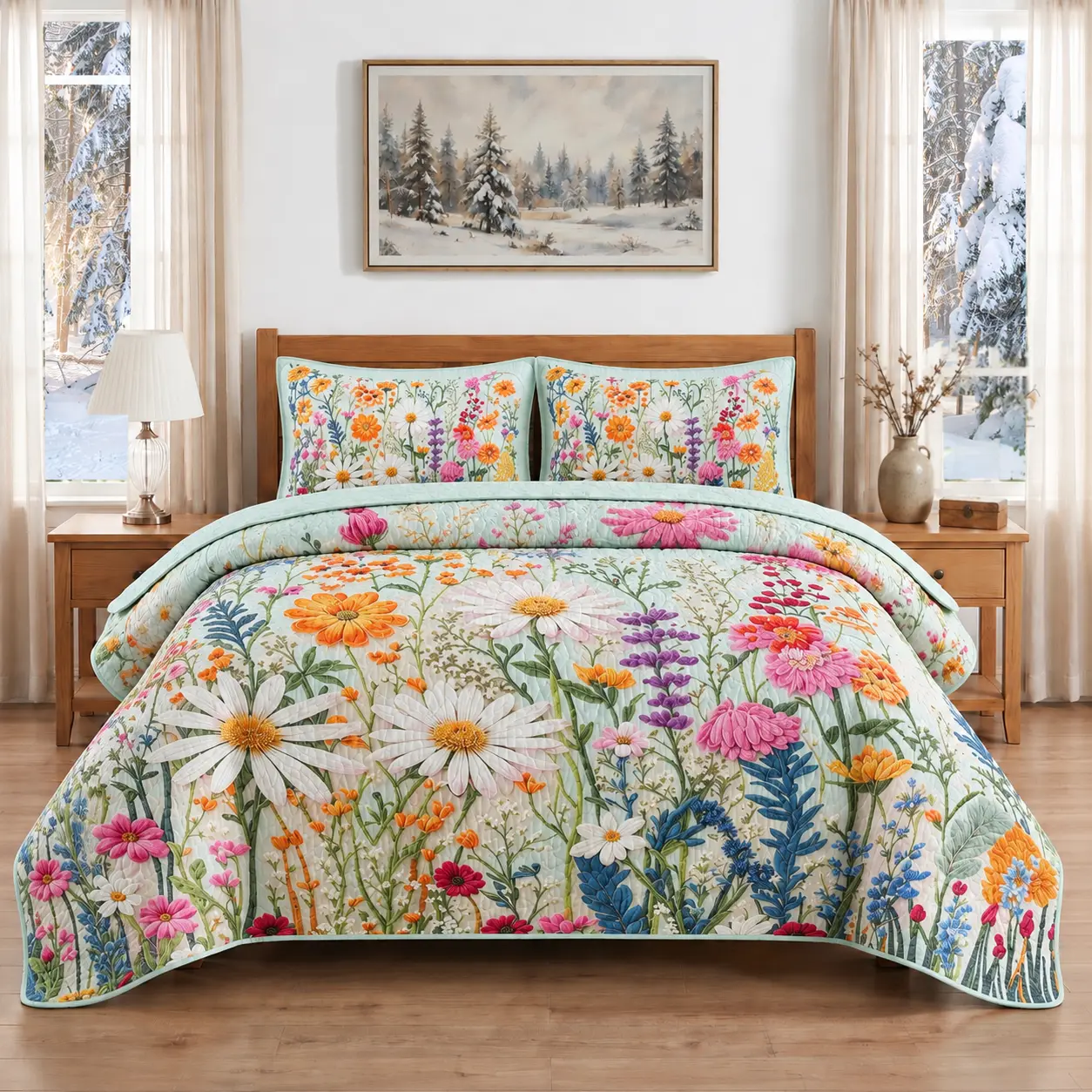 Heart-Shaped Watercolor Floral Bedding Sets - 2/3pc Set Match (1 Quilted Quilt + 1/2 Pillowcases), Durable, Lightweight, Machine Washable, All Seasons Comfort, Elegant Plant-Print Bedspreads for King Master/Guest Rooms Bedroom Decor
