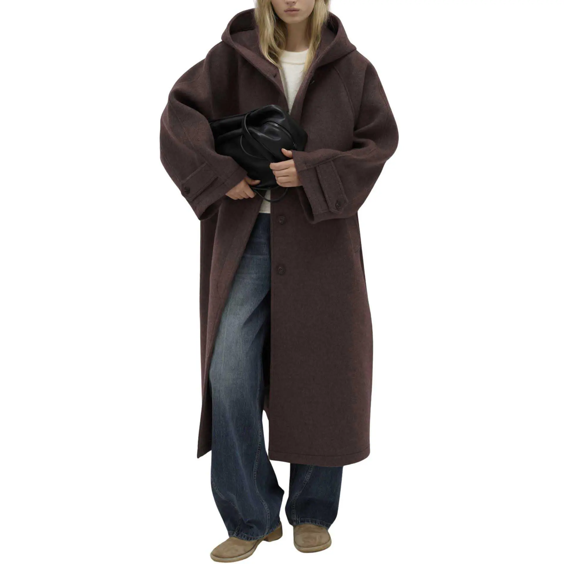 Chouyatou Womens Winter Hooded Wool Trench Coat Single Breasted Warm Long Overcoat Jacket