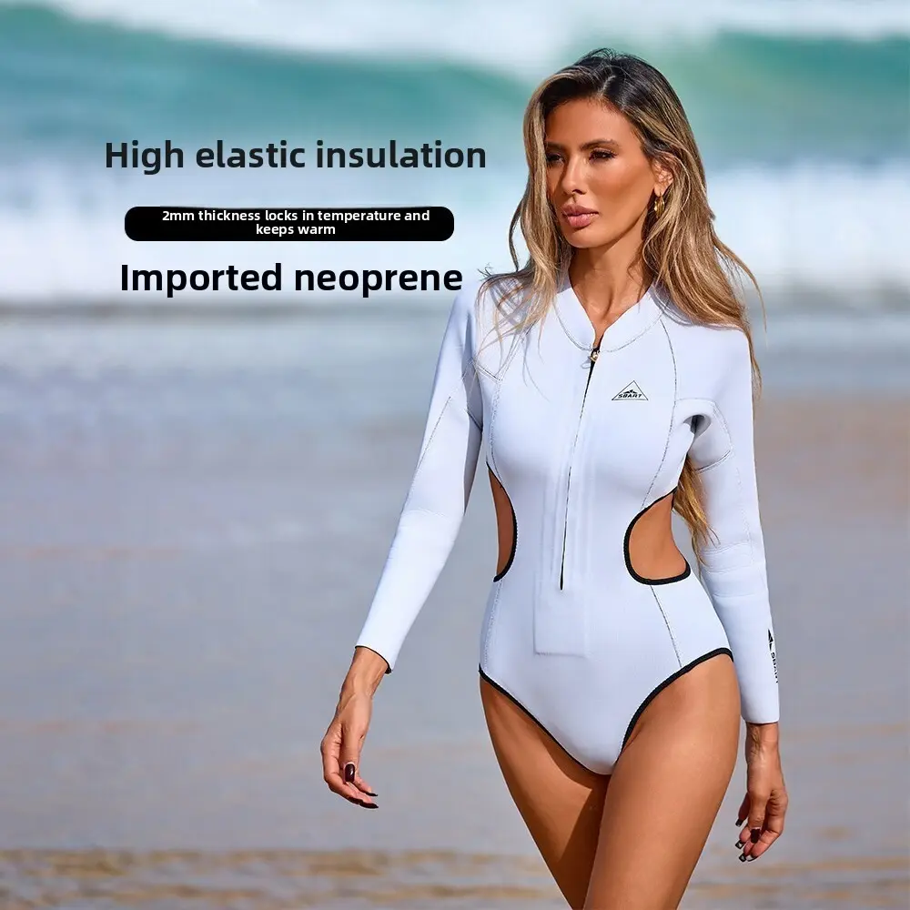 Wetsuit Women's 2mm One-piece Wetsuit, Open Waist Long Sleeve White Wetsuit Free Diving Swimsuit Women's Jellyfish Suit