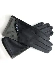 Winter Warm Button Gloves for Women, Outdoor Cycling Cold-Proof Touch-Screen Compatible Fleece Leather Split-Finger Gloves