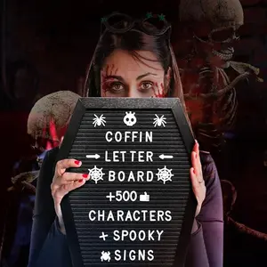 Coffin Letter Board Sign with 500 Characters Spooky Halloween Characters Wooden Stand and Canvas Bag 16 x 11 Inches Halloween Coffin Felt Letter Board for Home Gothic Halloween Decor