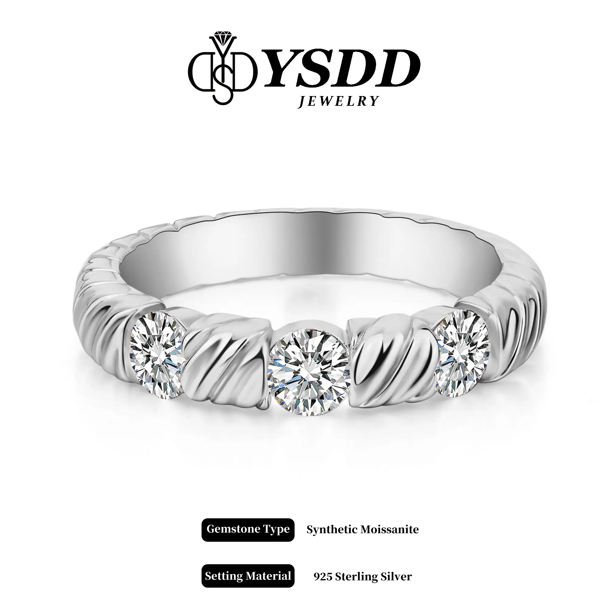 【#267】Synthetic Moissanite Bar Set Twisted Stacking Band Ring in 925 Sterling Silver