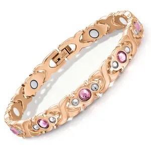 Feraco Energy Magnet Bracelet Titanium Steel Magnetic Women's Adjustable Wristband with Crystal Design Rose Gold Gift Box & Removal Tool