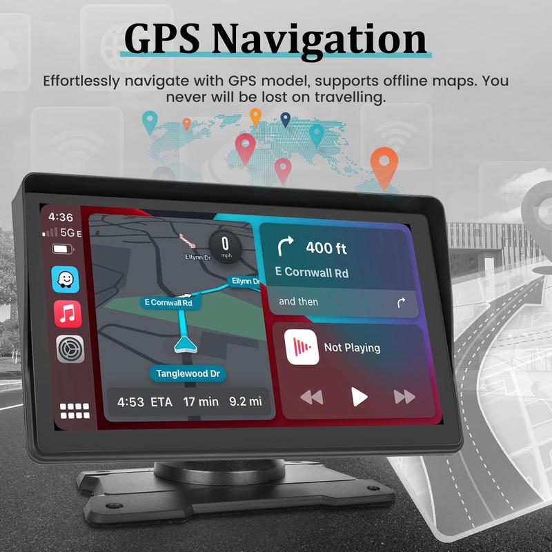 7 Inch Protable Carplay Car Screen, Wireless Android Auto Dash Mount, Car GPS Navigation System with Mirror Link/Bluetooth/FM Transmitter/USB + 12LED Backup Camera