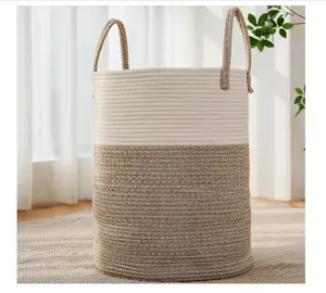 Large Woven Laundry Basket Hamper,60L Cotton Rope Storage Bin for Blankets,Toys and Clothes,Decorative Tall Nursery Hamper for Living Room,Baby Nursery,Bathroom and Bedroom,Brown