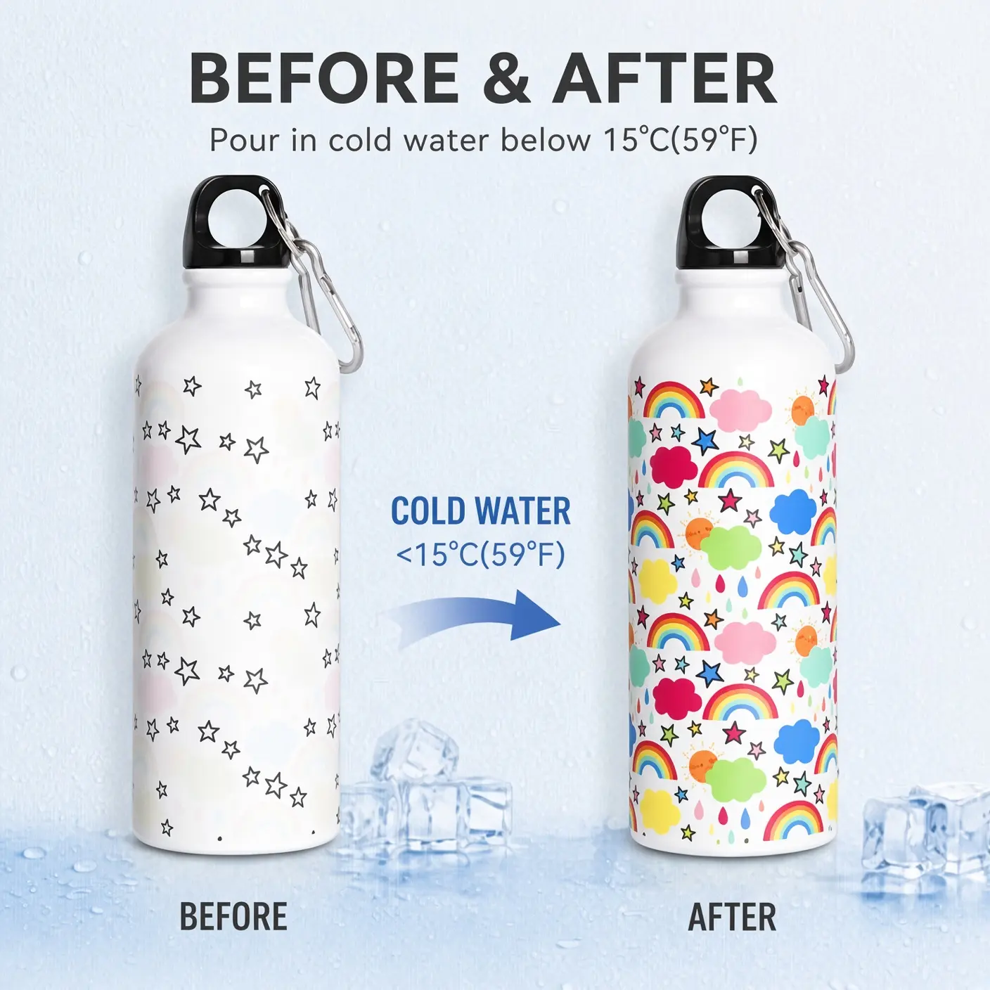 Color Changing Aluminum Water Bottle – Magic Design Appears Below 59°F (15°C) | Outdoor Bottle with Carabiner