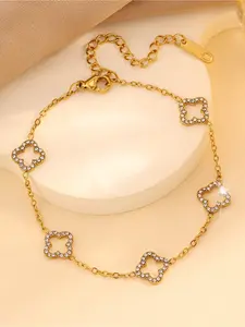 1 classic luxury 304 stainless steel hollow four leaf flower inlaid diamond bracelet, unisex, daily fashionable item, perfect for daily use, vacation, and giving perfect gifts