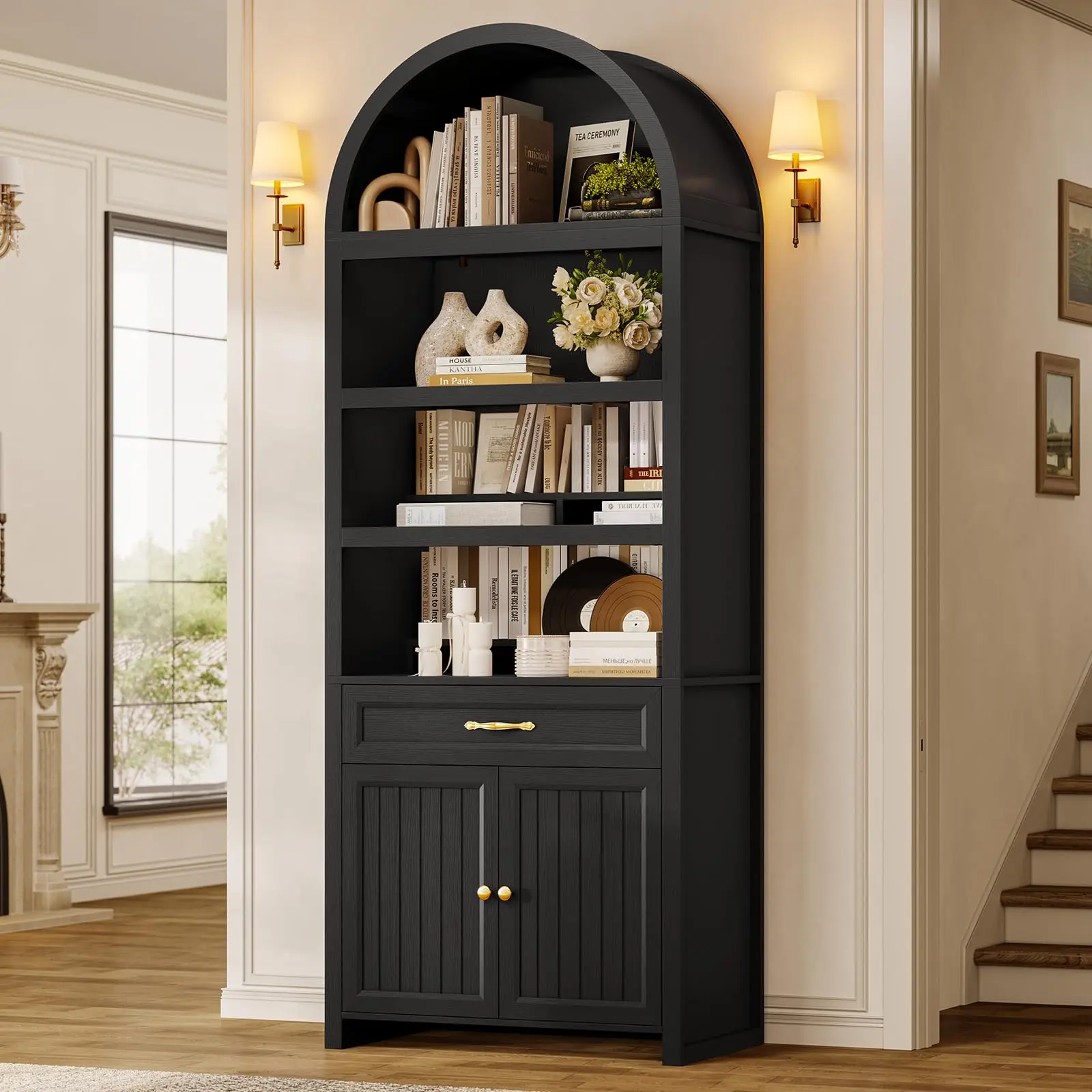 84.6" Tall Arched Bookshelf with Drawer & Cabinet, Modern 6-Tier Bookcase with Adjustable Shelves & 2 Book Risers for Living Room, Kitchen, Home Office (Black)
