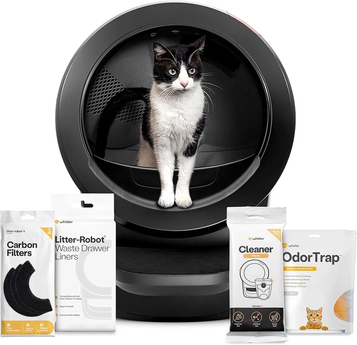 Litter-Robot 4 Supply Bundle by Whisker, Black - Automatic | Automatic, Self-Cleaning Cat Litter Box, Includes 3 OdorTrap Refills, 10 Liners, 30 Cleaner Wipes, & 2 Carbon Filters