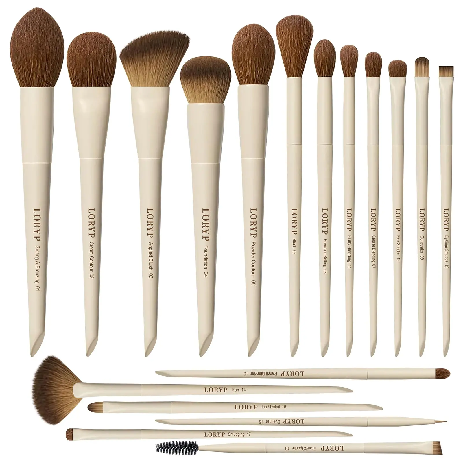 LORYP Makeup Brushes Set Labeled 18 count Face and Eye Brush Set Ultra soft hair Foundation, Concealer, Blush, Contour, Blending, Eyeshadow Khaki Brush kit
