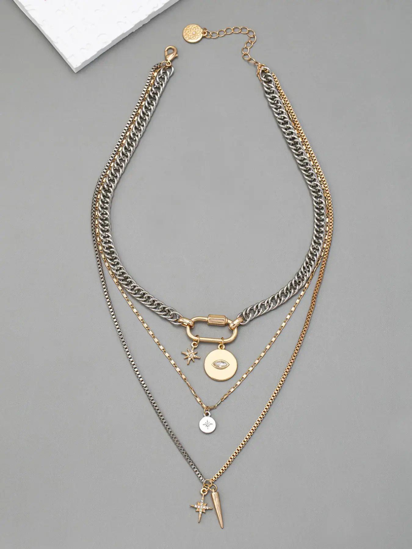 Metal gold and silver two-color multi-layer necklace, Fashion accessory necklace, Cuban link necklace, personalized eye pendant stacking necklace for women, suitable for daily wear, and a gift for Teacher's